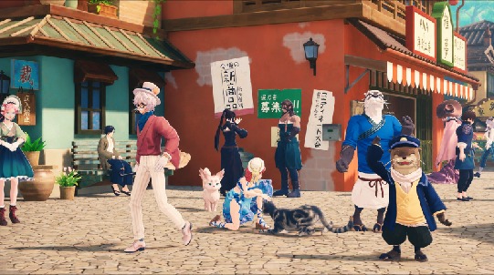Villagers and spirit animals gathered in a Seikyu street