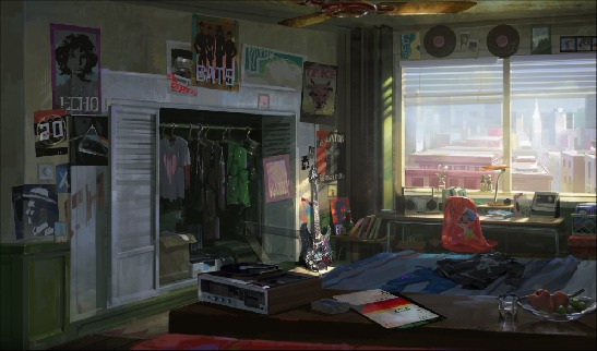 A lived-in bedroom in the retro-future world of The Dog